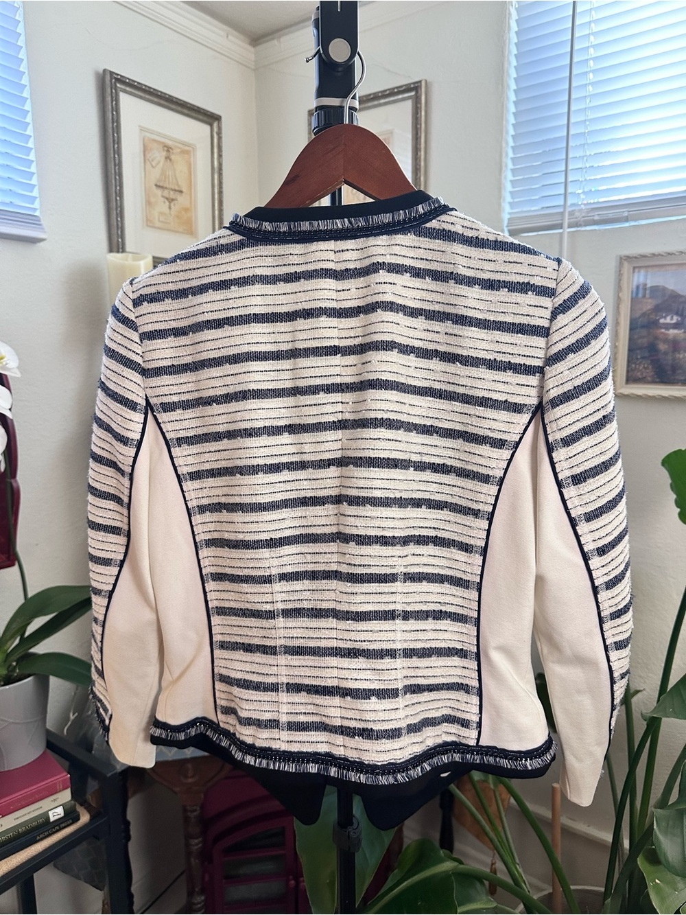 White House Black Market Navy and White Striped Tweed Open-Front Jacket - Picture 7 of 8